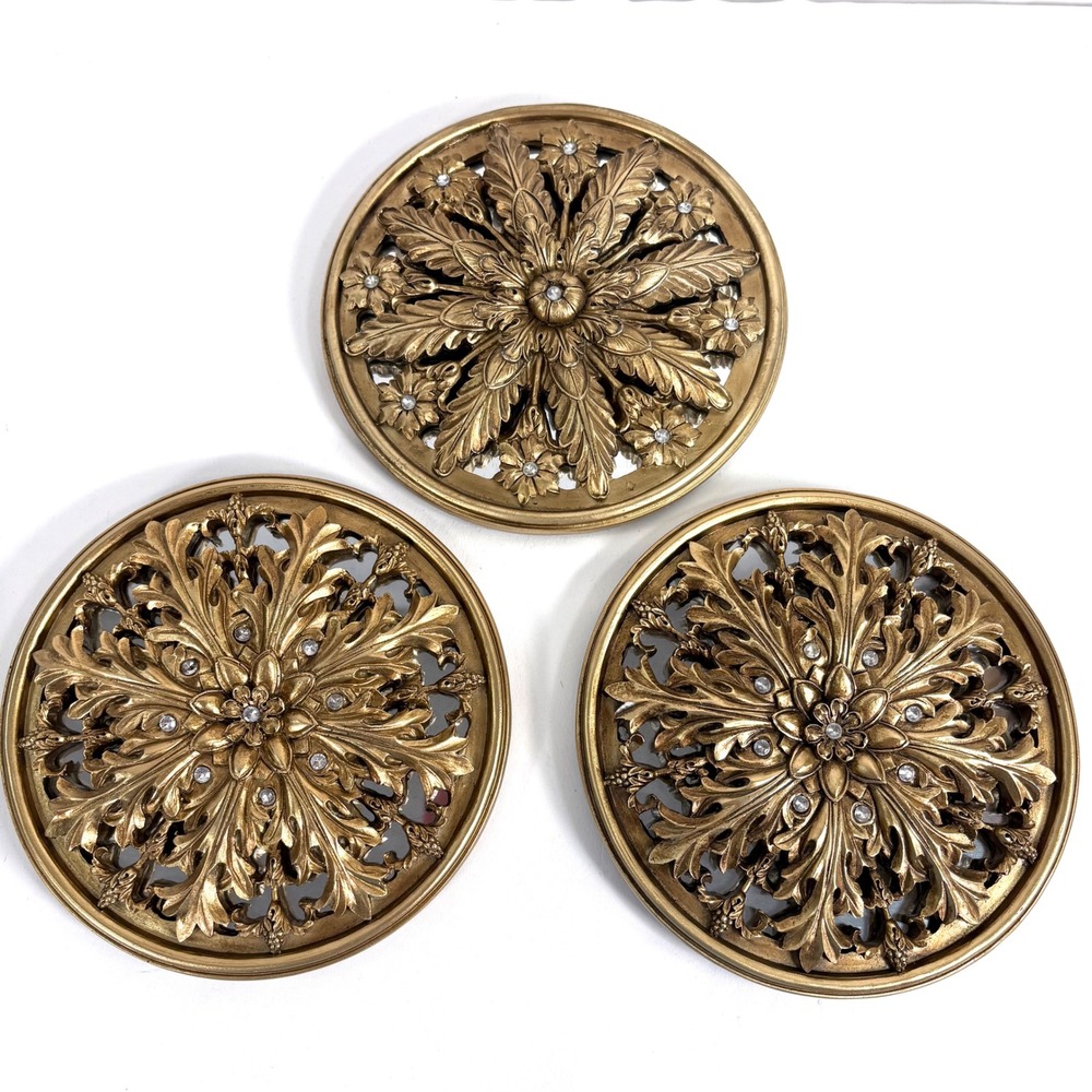 Vintage Wall Plaque Set Gold Mirrored Floral Acanthus Leaf Rhinestone 3pc 7" dia